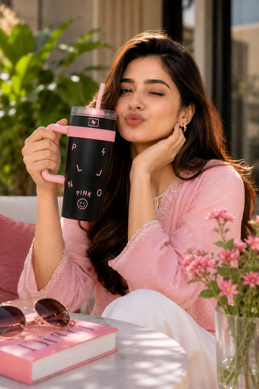Limited Edition Pink Black Bottle 1200 ML with Metal Straw