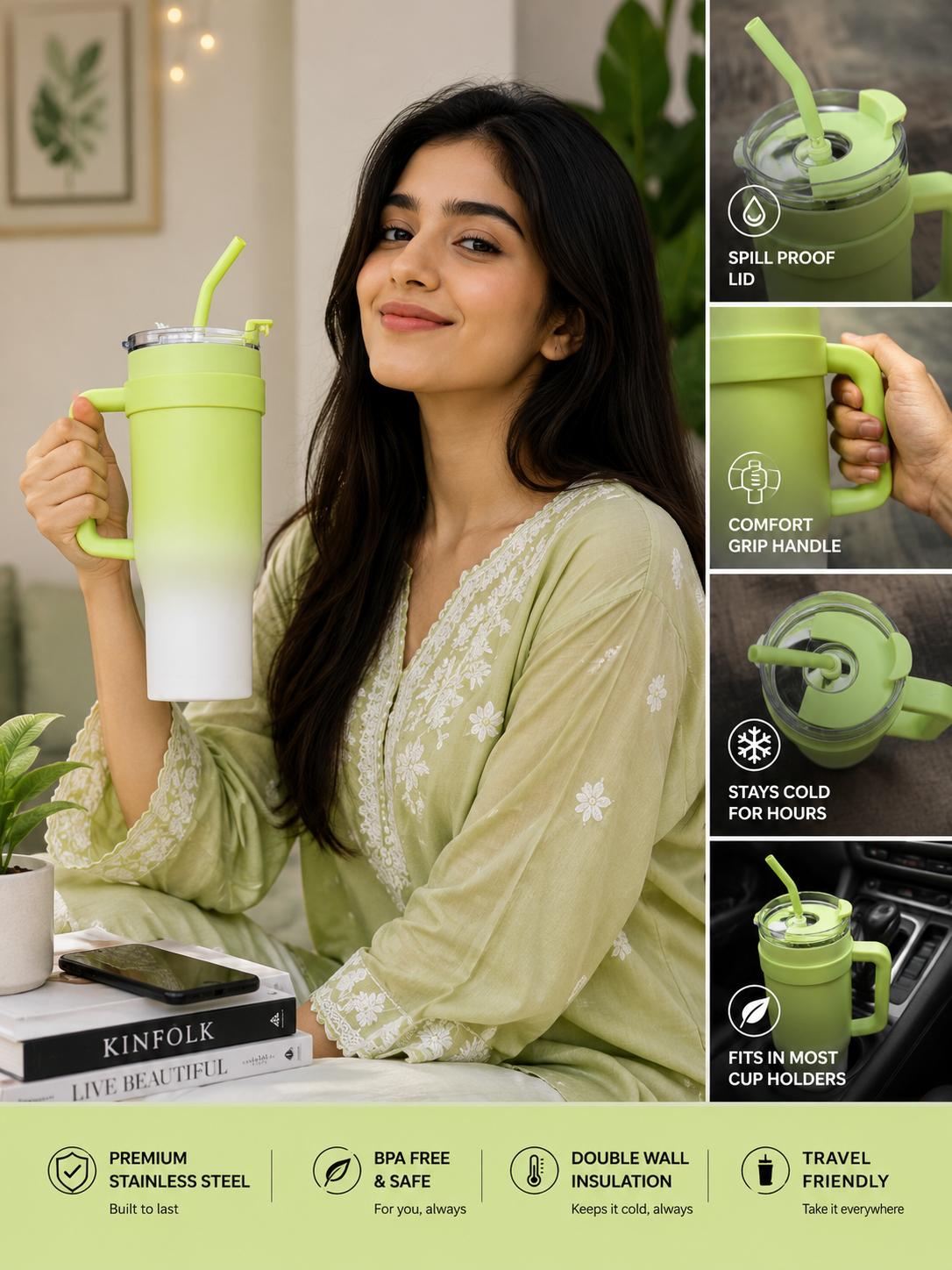 FreshGlow Stainless Steel Tumbler 1200ML with Metal Straw