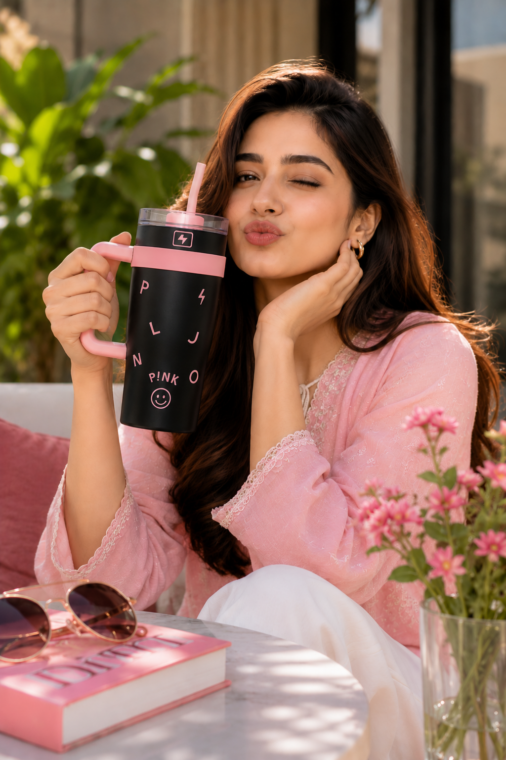 Limited Edition Pink Black Bottle 1200 ML with Metal Straw