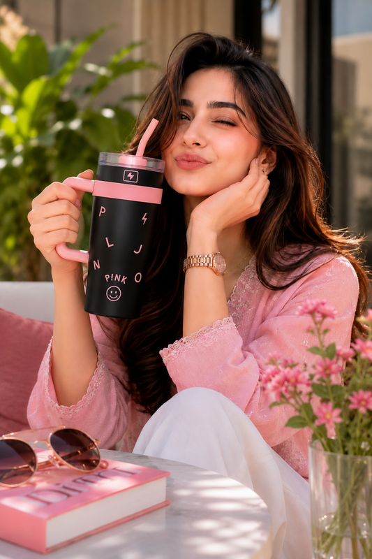Limited Edition Pink Black Bottle 1200 ML with Metal Straw
