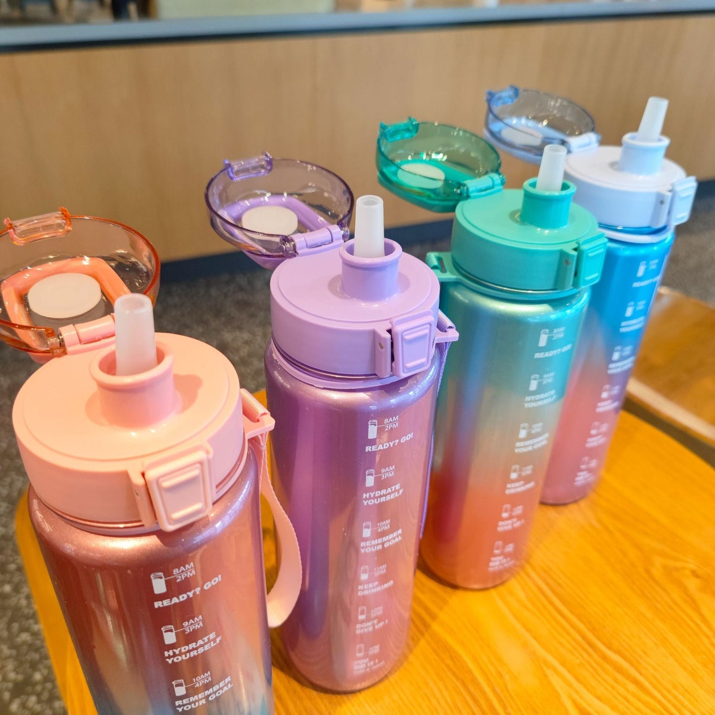 Teal Pink Motivational Water Bottle with Time Marker 1000 ML
